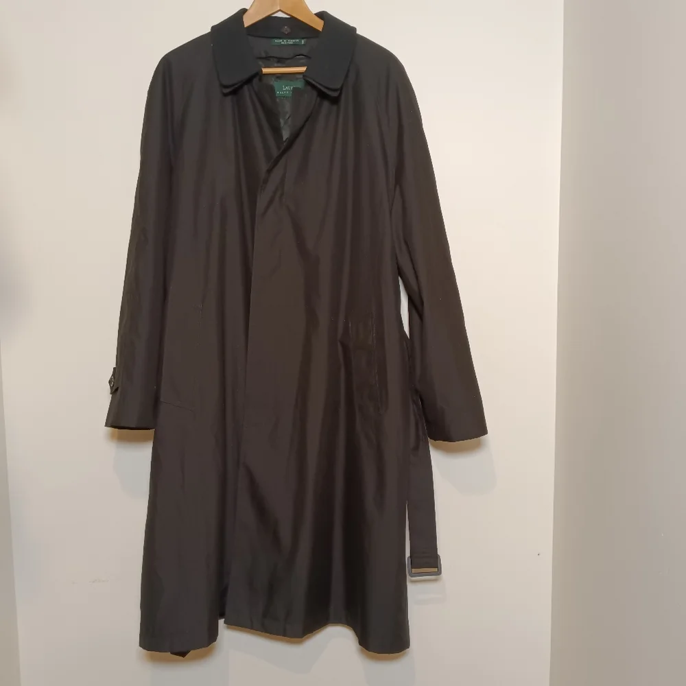Ralph Lauren Vintage Mens Black Trench Overcoat Raincoat 44R Single Breasted